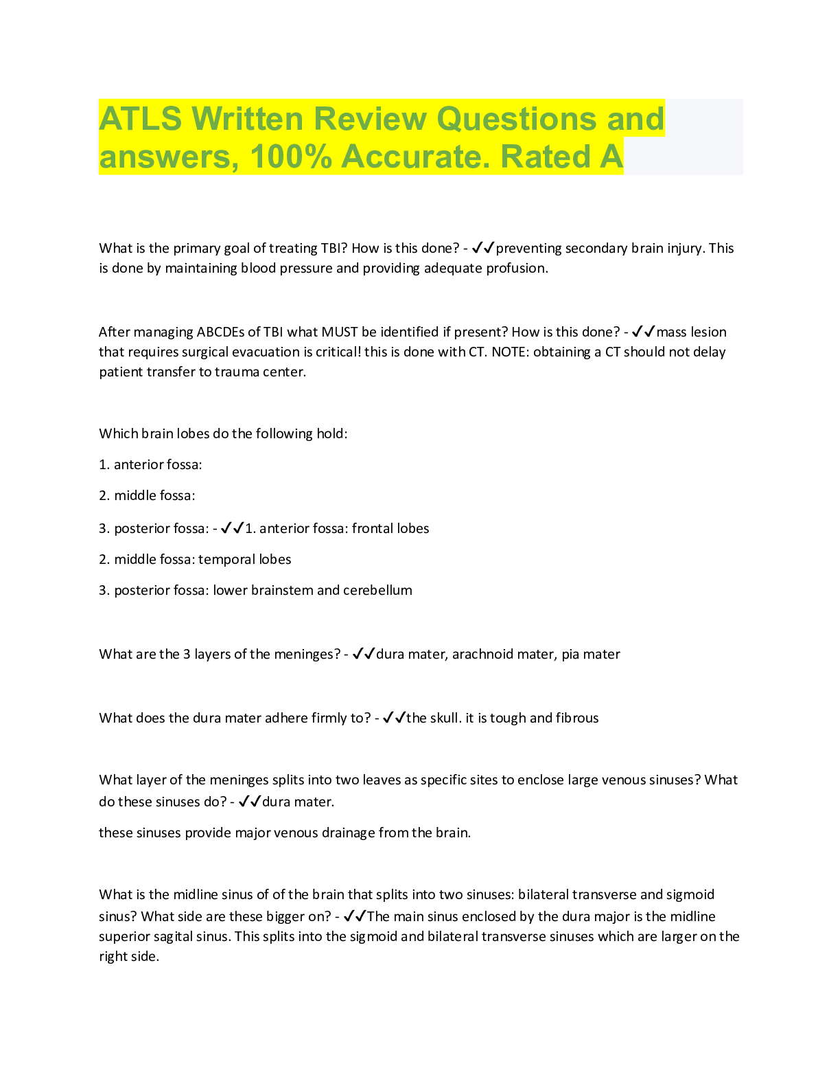 Preview image for ATLS Written Review Questions and  answers, 100% Accurate. Rated A